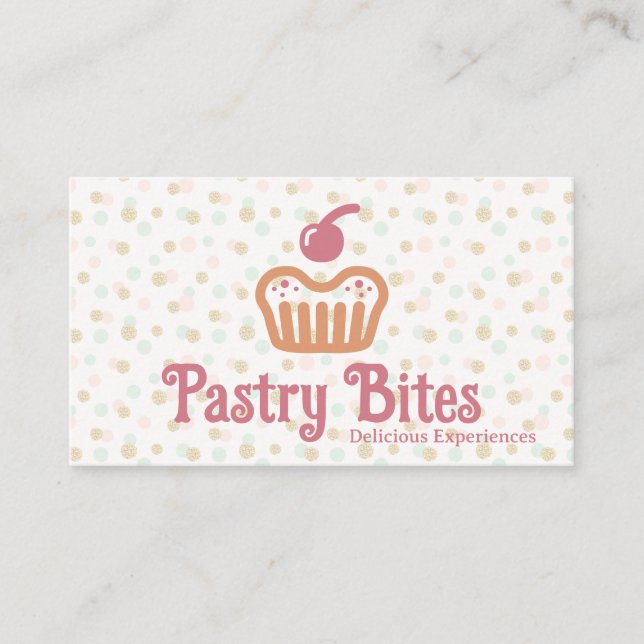 Cupcake-bageri Logotyp | Polka Dot-mönster Visitkort (Framsida)