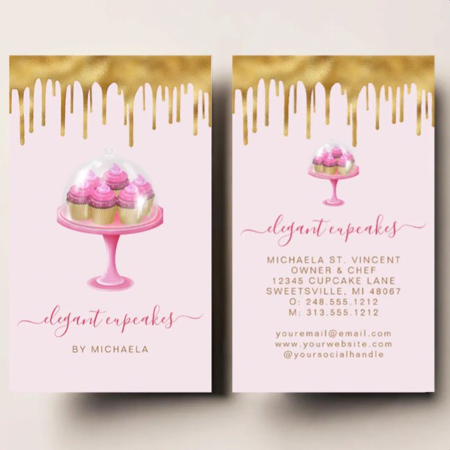 Cupcake Bakeri Rosa Fals Guld Folie Dropp Visitkort (Skapare uppladdad)