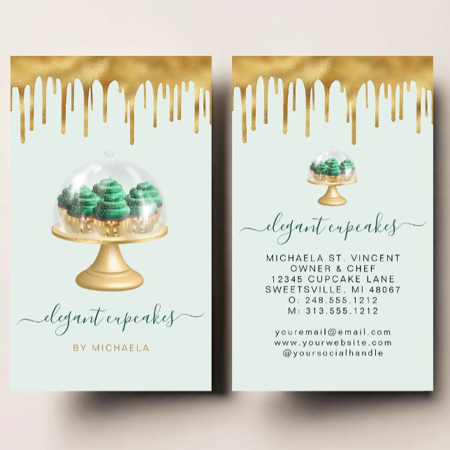 Cupcake Bakery Emerald Green Faux Gold Foil Drip Visitkort (Skapare uppladdad)