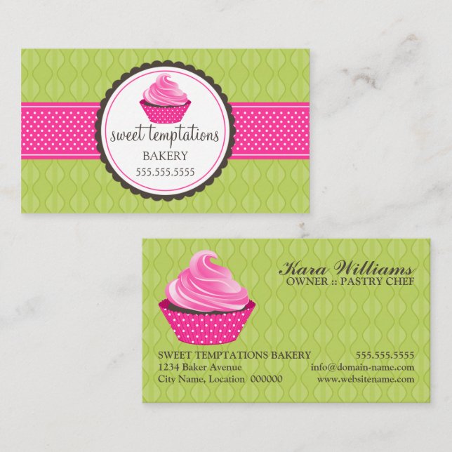 Cupcake Bakery Grön Rosa Visitkort (Fram/baksida)