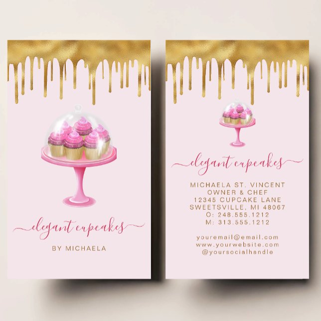 Cupcake Bakery Pink Faux Gold Foil Drip Visitkort (Skapare uppladdad)