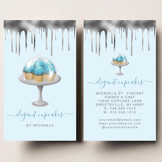 Cupcake Bakery Teal Faux Silver Foil Drip Visitkort (Skapare uppladdad)