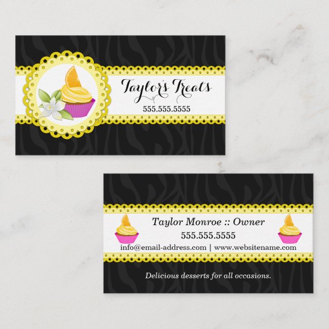 Cupcake Bakery Zebra Gul Skalad Kant Visitkort (Fram/baksida)