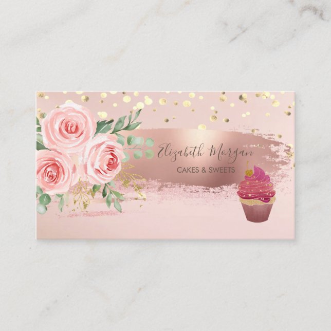 Cupcake, Blomma, Guldkonfetti, Penseldrag Visitkort (Framsida)