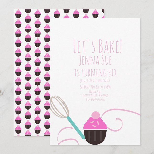 Cupcake-dekorering Födelsedag Rosa Inbjudningar (Fram/baksida)