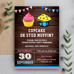 Cupcake eller Stud Muffin Köns Avslöjande Fest Inbjudningar