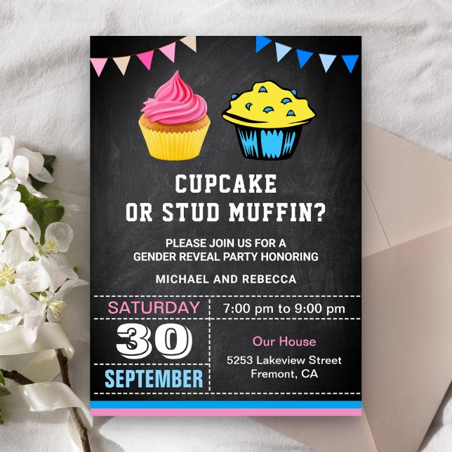 Cupcake eller Stud Muffin Köns Avslöjande Fest Inbjudningar (Skapare uppladdad)