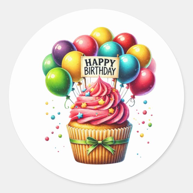 Cupcake Födelsedagsdekaler Runt Klistermärke (Framsida)