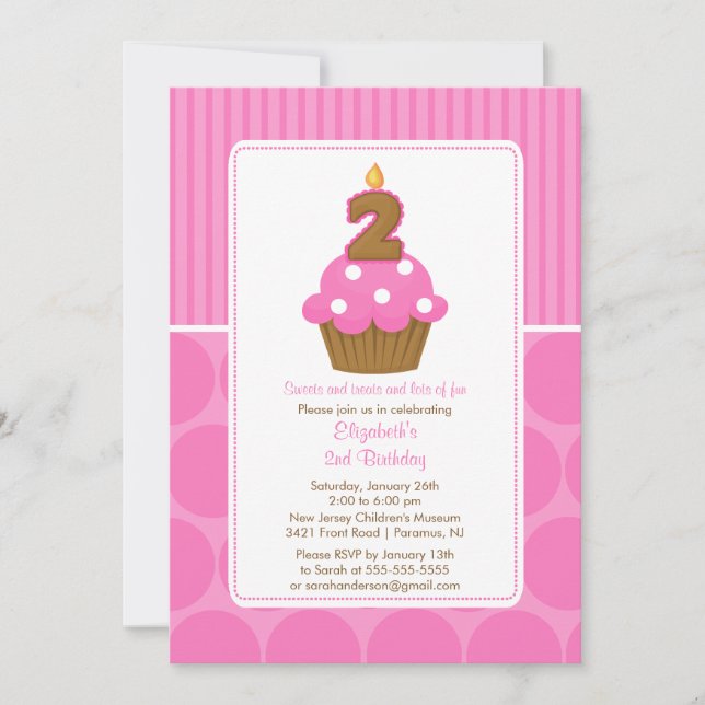 Cupcake Födelsedagsinbjudan 2-årsdag Rosa Inbjudningar (Framsida)