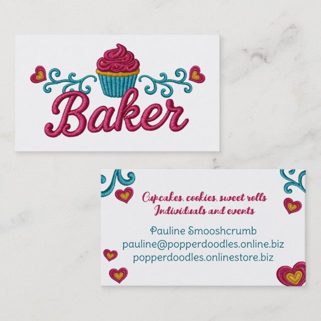 Cupcake heart bakery baking faux embroidery visitkort (Fram/baksida)