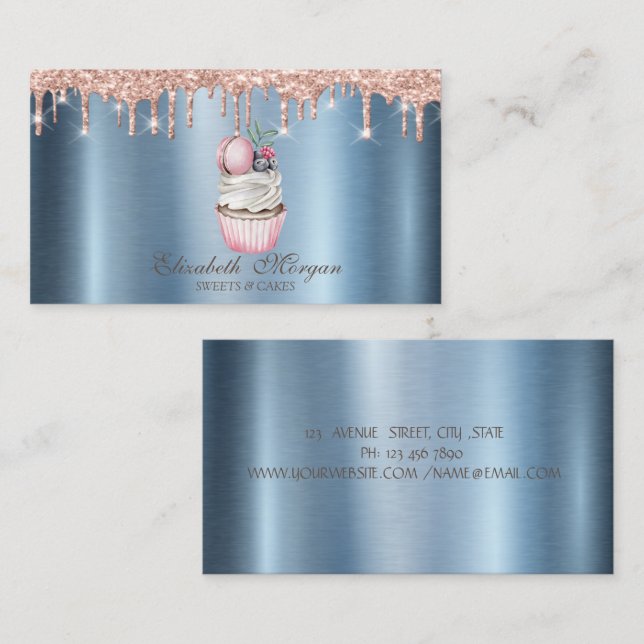 Cupcake Macaroon Glitterdroppar Blå Metallisk Visitkort (Fram/baksida)
