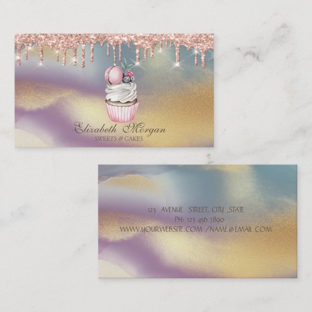 Cupcake Macaroon Rose Gold-dropar, Färgstarkt bage Visitkort (Fram/baksida)