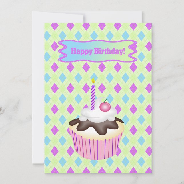 Cupcake med körsbär, födelsedag julkort (Framsida)
