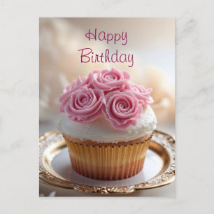 Cupcake med rosa krukrosor för födelsedagen  vykort