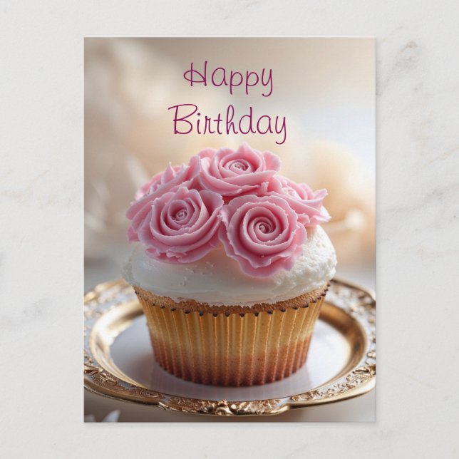 Cupcake med rosa krukrosor för födelsedagen  vykort (Framsida)