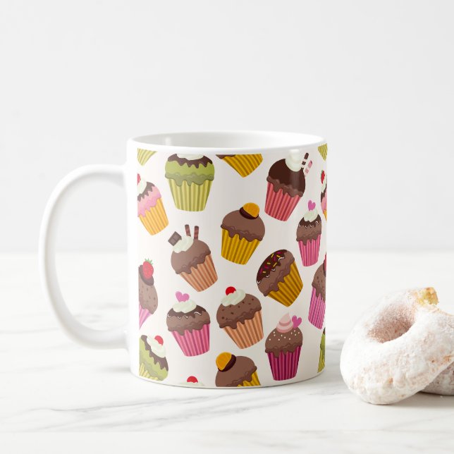 Cupcake-mönster, Muffin-mönster, Choklad, Hjärtan Kaffemugg (Med munk)