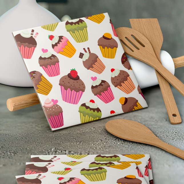 Cupcake-mönster, Muffin-mönster, Choklad, Hjärtan Kakelplatta (Skapare uppladdad)