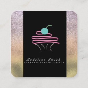 Cupcake och Swirls Cake Guldglitter Bageri Fyrkantigt Visitkort