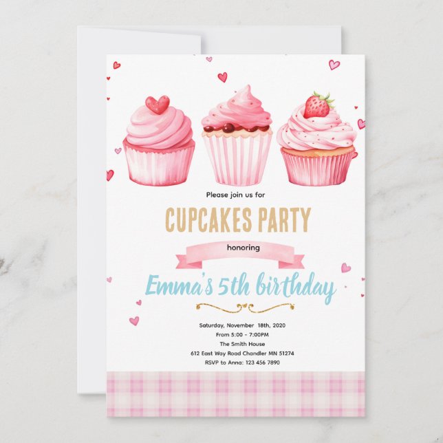 Cupcake pink party theme invitation inbjudningar (Framsida)