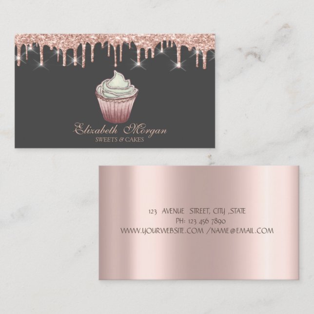 Cupcake Rose Guld Dropp Bakery Visitkort (Fram/baksida)
