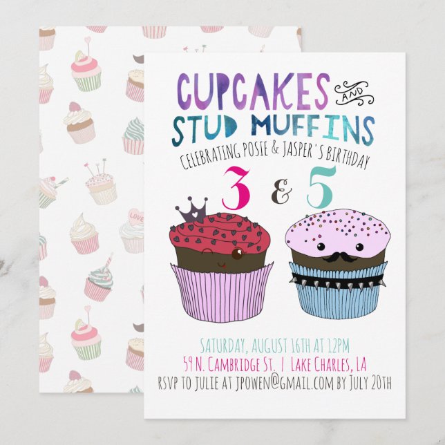 Cupcake & Stud Muffin Gemensam Festinbjudan Inbjudningar (Fram/baksida)
