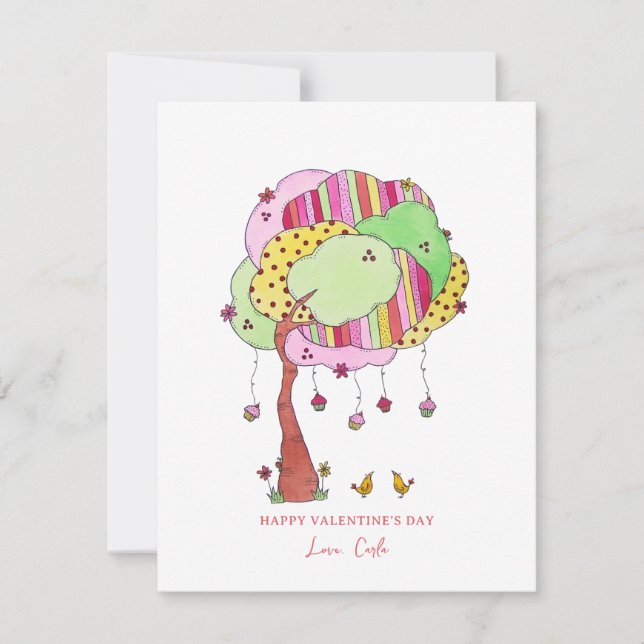 Cupcake-träd med fåglar Alla hjärtans dag-kort Julkort (Framsida)