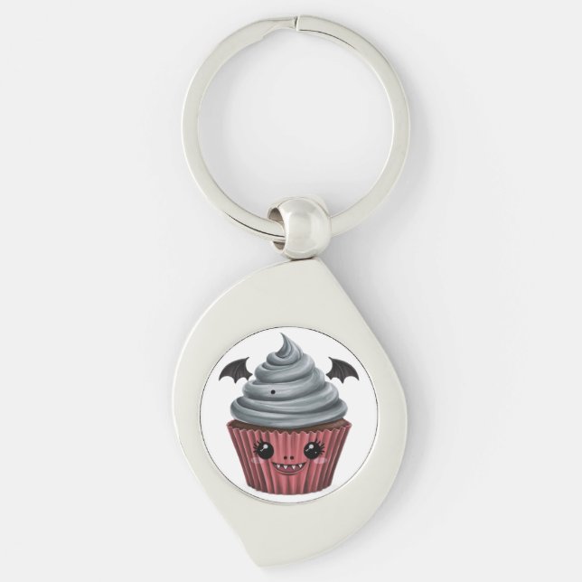 Cupcake Vampiro Fofo / Cute Vampire Cupcake Swirl Silverfärgad Nyckelring (Framsidan)