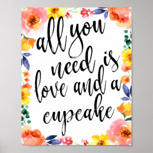 Cupcakepresenter 8x10 Blommig Vattenfärgskylt Poster