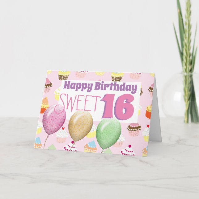 Cupcakes Ballonger Söta 16 Födelsedags Kort Sexton (Framsida)