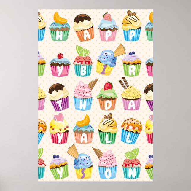 Cupcakes Happy Birthday Add Your Name Cute Goodies Poster (Framsidan)