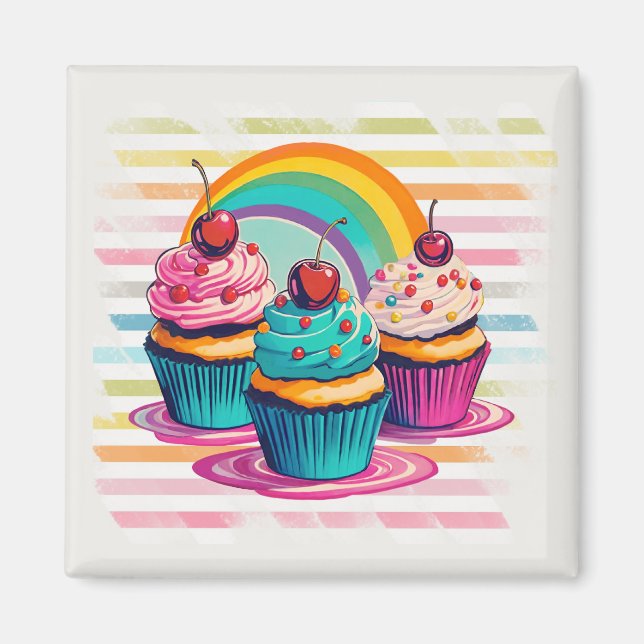 Cupcakes, körsbär och regnbågar magnet (Framsidan)