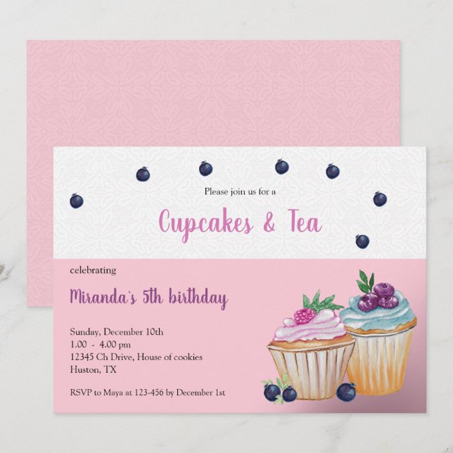 Cupcakes Och Te Födelsedagsfest Inbjudningar (Fram/baksida)