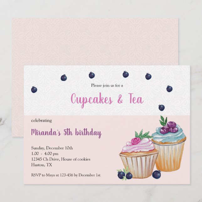 Cupcakes Och Te Födelsedagsfest Inbjudningar (Fram/baksida)