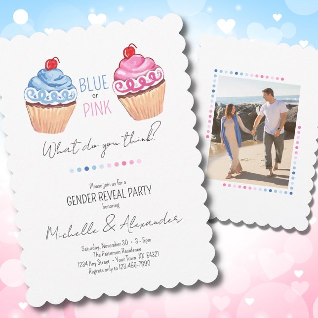Cupcoa Gender Reveal Blue Rosa Classy Photo Party Inbjudningar (Skapare uppladdad)