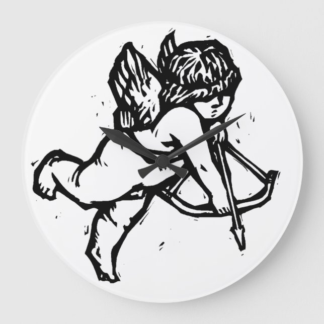 Cupid Angel Valentine Clock Black White Stor Klocka (Framsida)