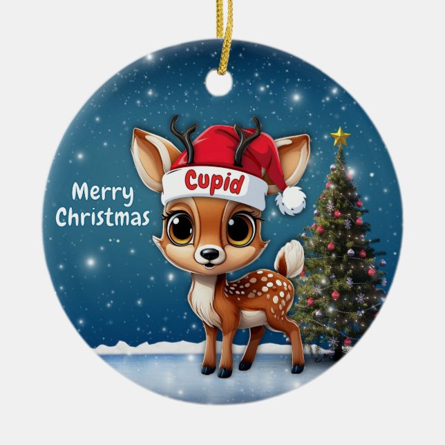 Cupid Baby Deer, Fawn, Doe, Reindeer🦌 🎄 Julgransprydnad Keramik (Framsidan)