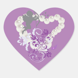 Cupid Blommigt Pearls Heart Lila 2 Stickers Hjärtformat Klistermärke