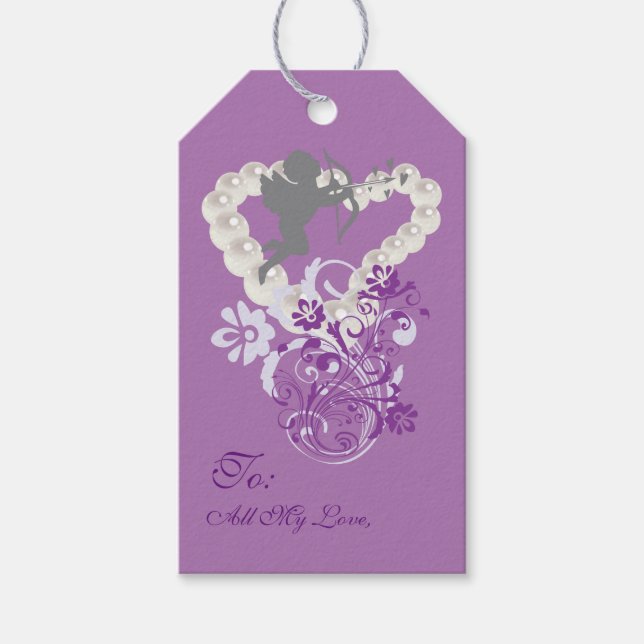 Cupid Blommigt Pearls Heart Lila Gift Märkre Presentetikett (Framsidan)