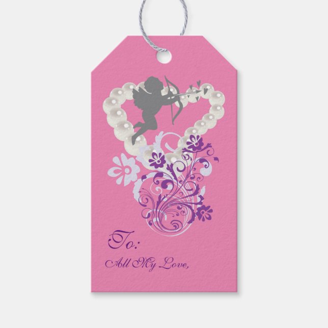 Cupid Blommigt Pearls Heart Rosa Gift Märkre Presentetikett (Framsidan)