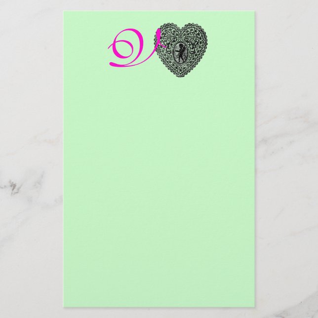 CUPID BRODERI HJÄRTA MONOGRAM, rosa fuchsia grön Brevpapper (Framsida)