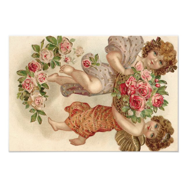 Cupid Cherub Angel Basket Rosor Ro Fototryck (Framsidan)