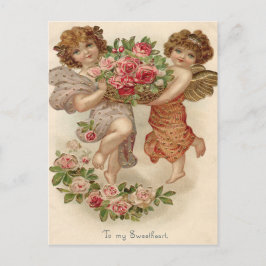 Cupid Cherub Angel Basket Rosor Ro Vykort