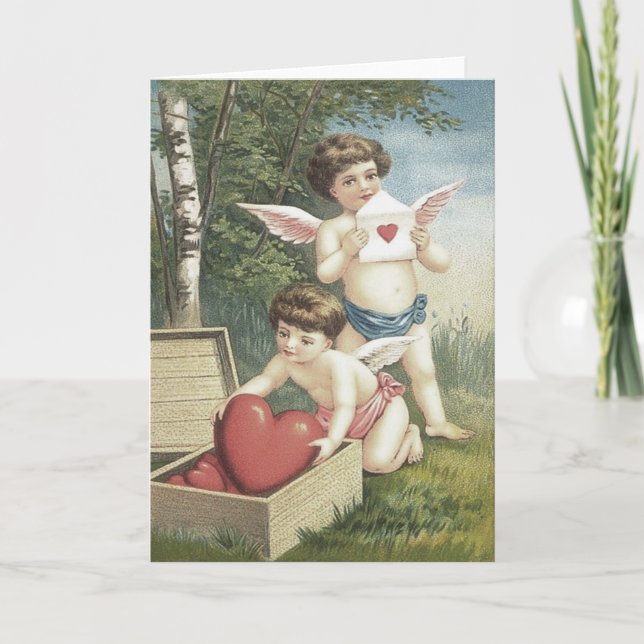 Cupid Cherub Angel Box Heart Valentine Helgkort (Framsida)