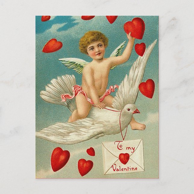 Cupid Deliving Hearts på en duva Vykort (Framsida)