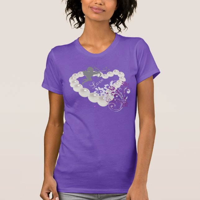 Cupid Kärlek Pearls Blommigt Heart Lila T- Shirt Tee (Framsida)