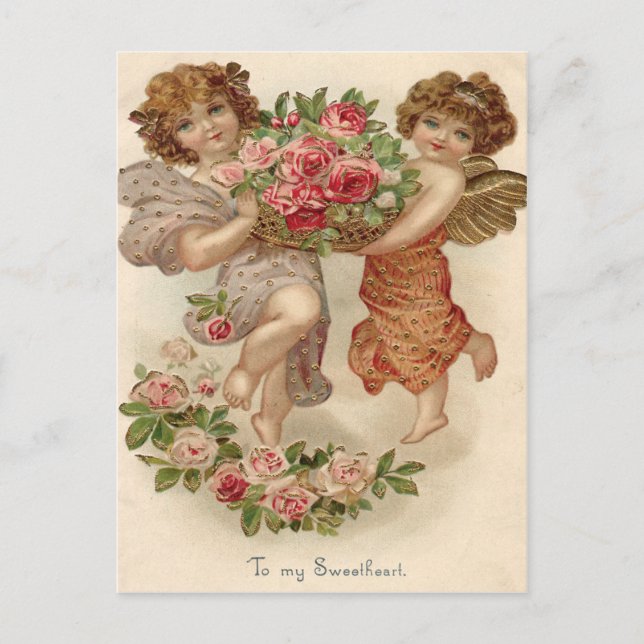 Cupid Kerub Engel Korg Rosor Ros Vykort (Framsida)