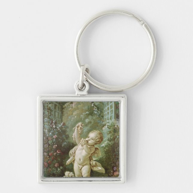 Cupid med druvor fyrkantig silverfärgad nyckelring (Framsidan)