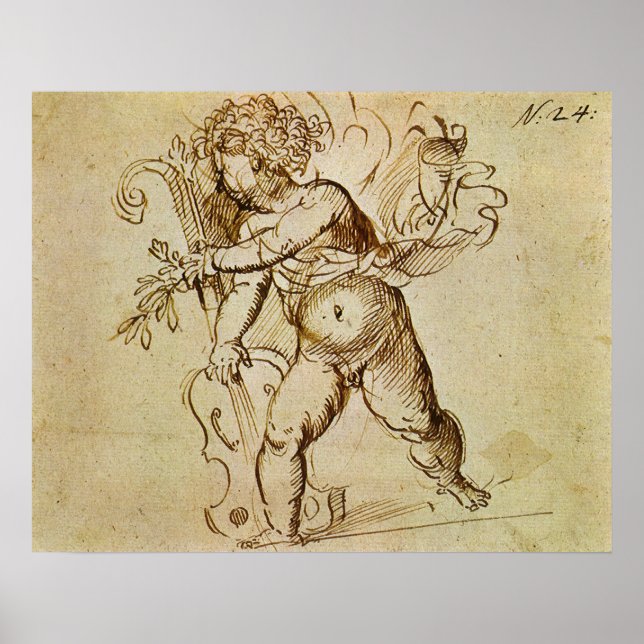 Cupid med fiolin av Domenico Campagnola Poster (Framsidan)