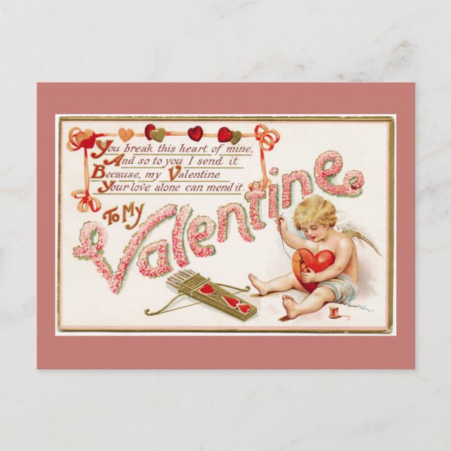 Cupid Mending Heart to my Valentine Rosa Postcard Helg Vykort (Framsida)