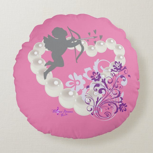 Cupid Pearls Blommigt Heart Rosa Round Pillow Rund Kudde (Framsidan)